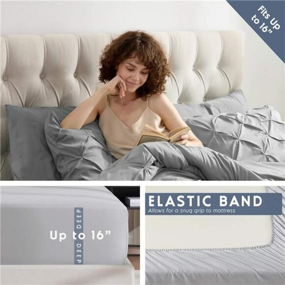 Nestl Queen Comforter Set 7 Piece Grey Pinch Pleat Bed in a Bag Bedding - Picture 5 of 7